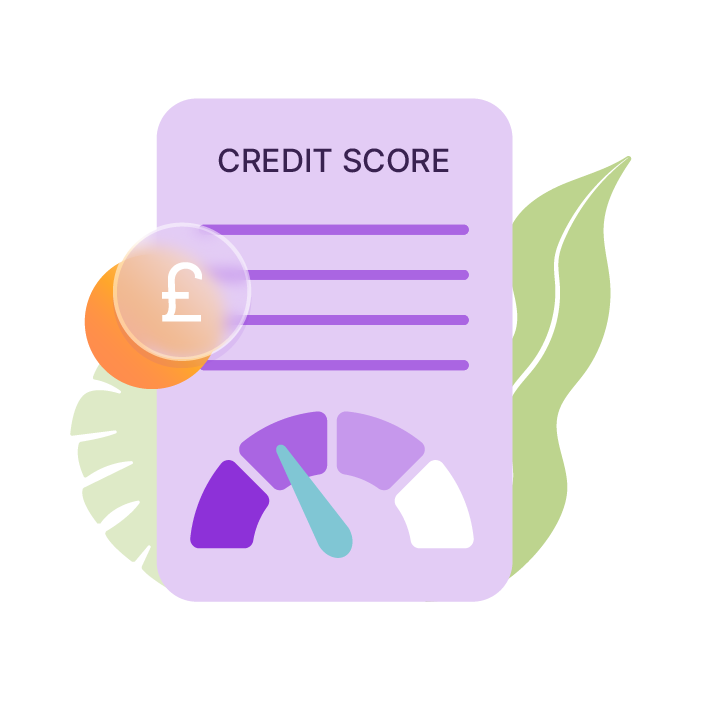 A document titled credit score and a scale with a dial pointing to a low credit score.