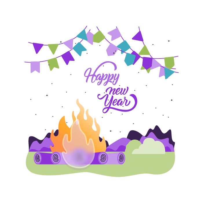 An image of party bunting, confetti and a fire with the words Happy New Year