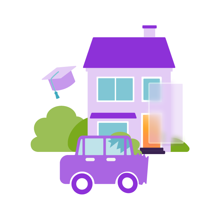 An illustration of a house, car and graduation cap.
