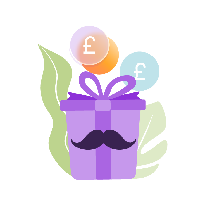 An image of pound coins and a gift box with a moustache on it