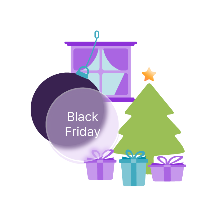 An image of a wrecking ball labelled Black Friday swinging towards a Christmas tree