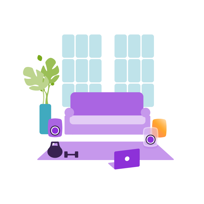 An image of gym equipment, a laptop, a sofa, music speakers and plants