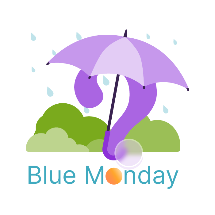 An image of a question mark under an umbrella in the rain with the words blue Monday