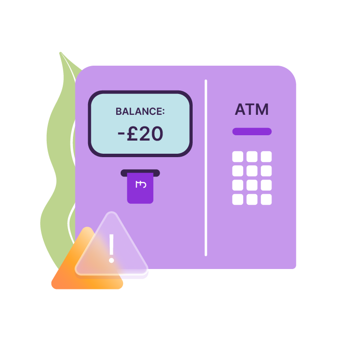 An image of an ATM machine showing the balance in minus with a warning sign