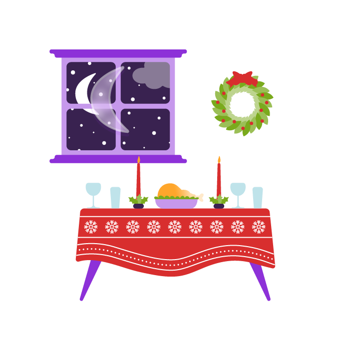 ﻿An illustration of a dinner table set for a Christmas meal.