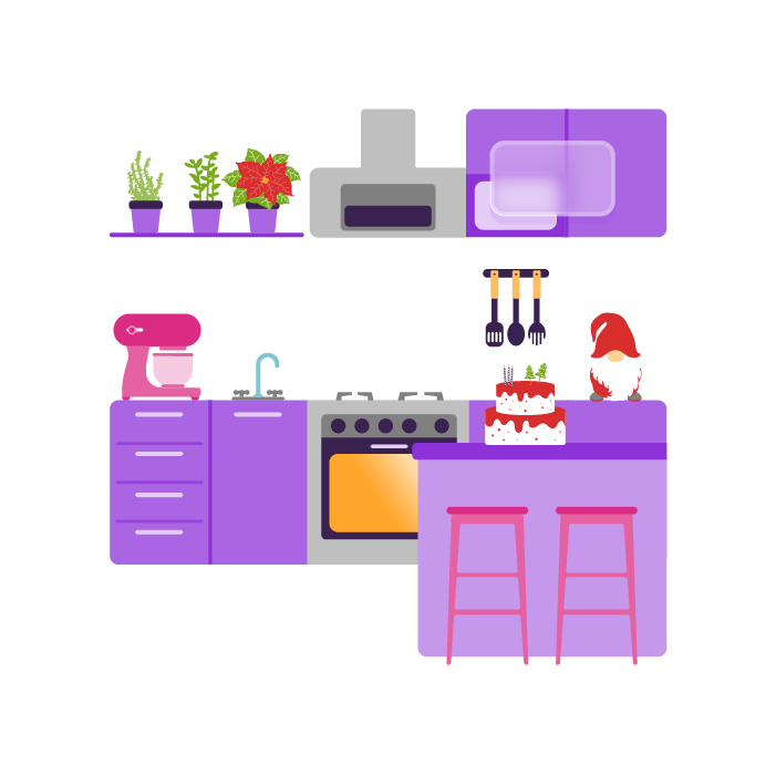 An image of a kitchen with baking equipment and Christmas decorations.
