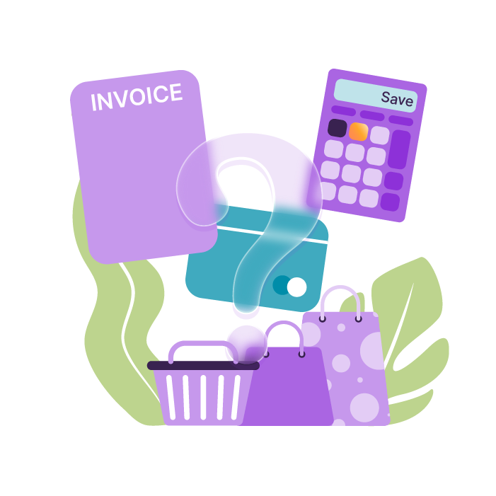 ﻿A calculator, invoices, credit cards and shopping bags.