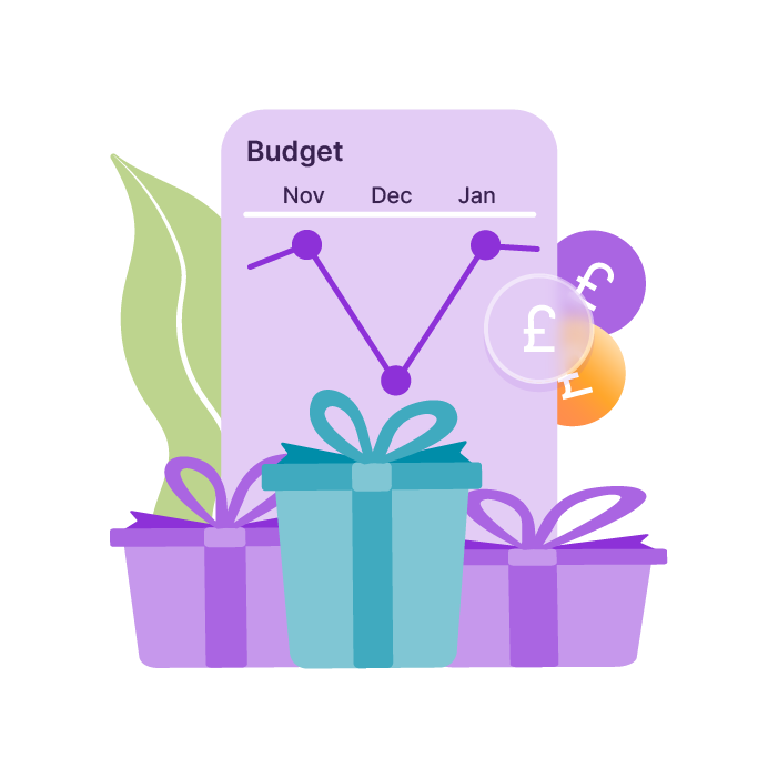 An image of presents in front of a graph showing a budget plan.