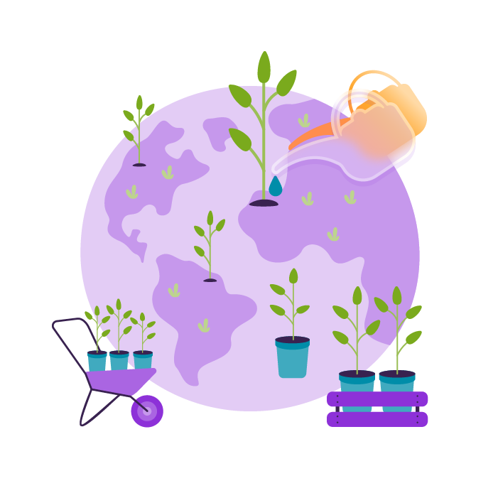 An illustration of a watering can, watering trees all over the world.﻿