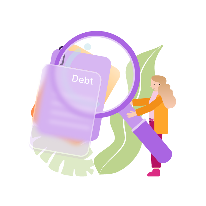 A woman looking at debt with a magnifying glass.