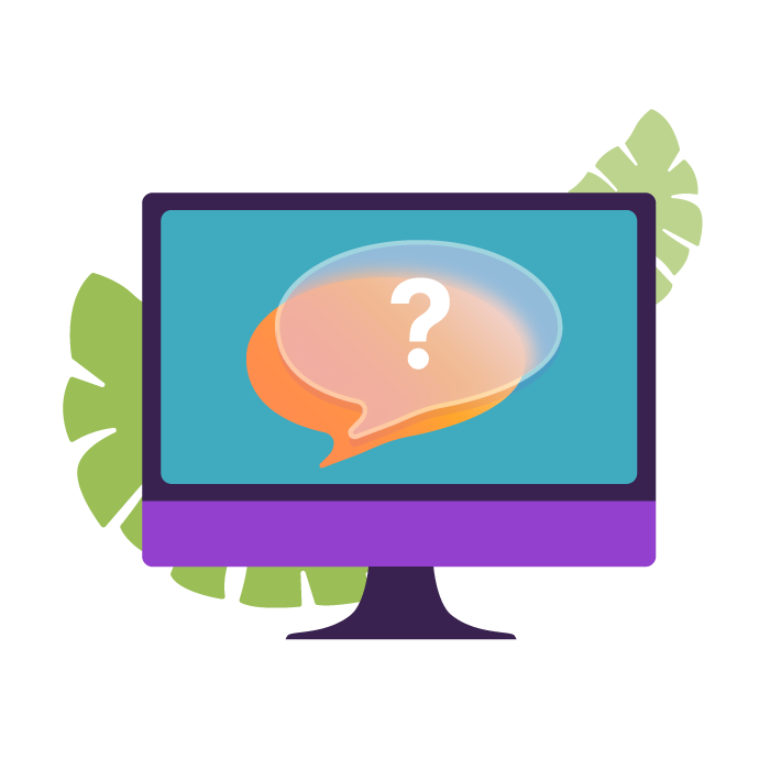 A computer screen with a chat bubble and a question mark.